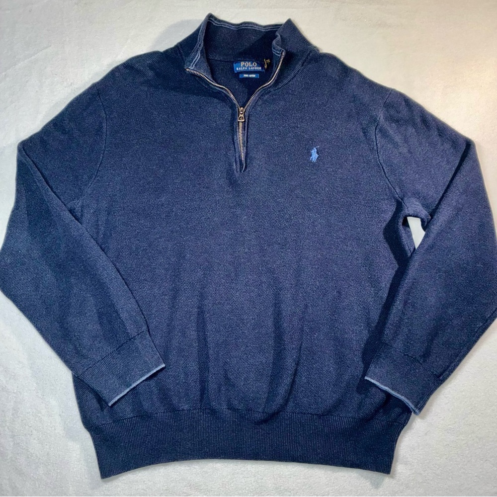 Polo Ralph Lauren XXL Navy Blue Cotton 1/4 Quarter Zip Sweater Pale Blue Accent